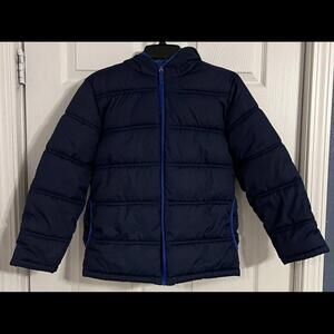 Faded Glory Boys Large 10-12 Blue Puffer Jacket With Pockets, Hood, & Full Zip